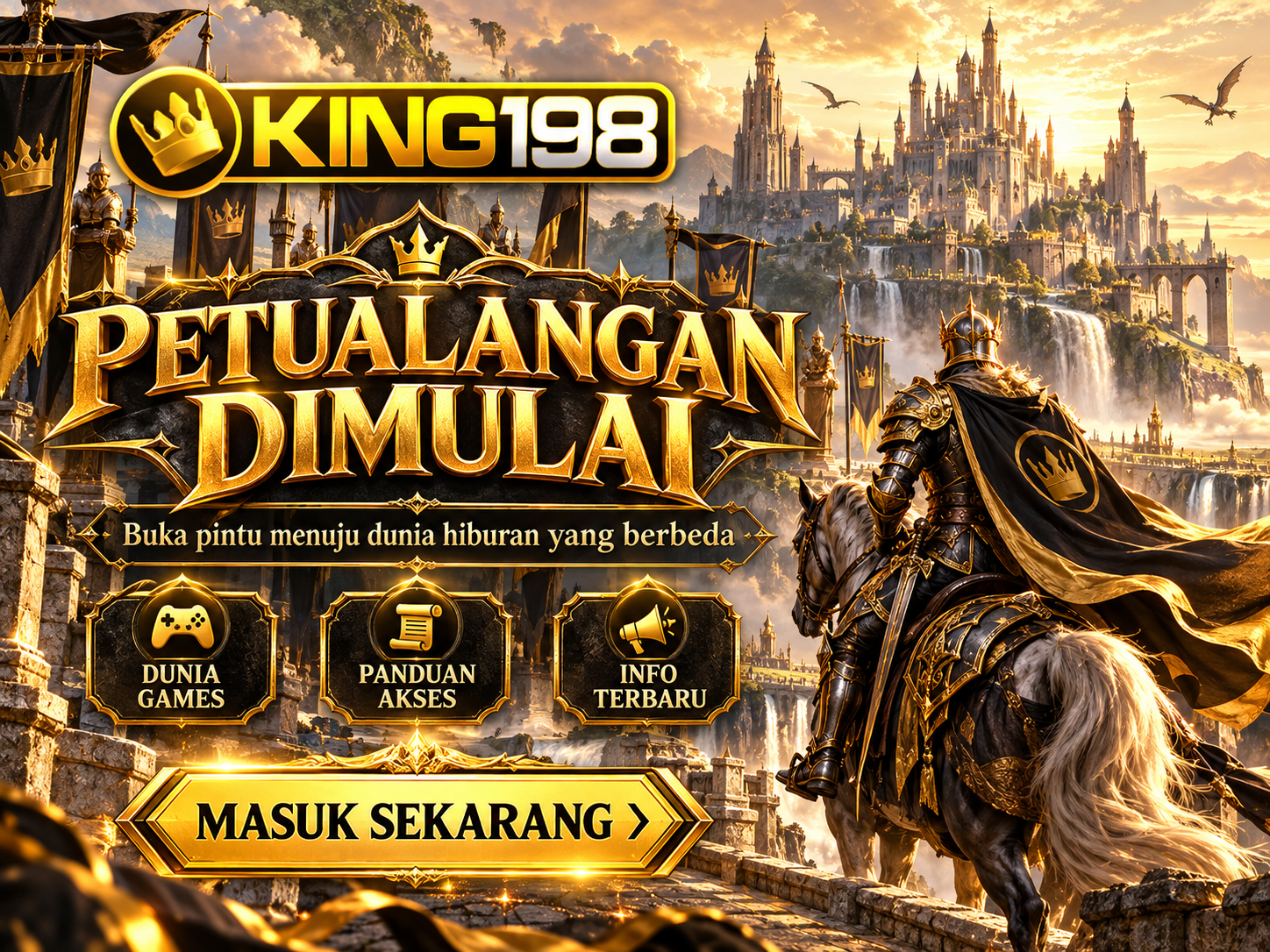 Banner KING198 high fantasy dengan ksatria berkuda, kastil pegunungan, dan langit emas.